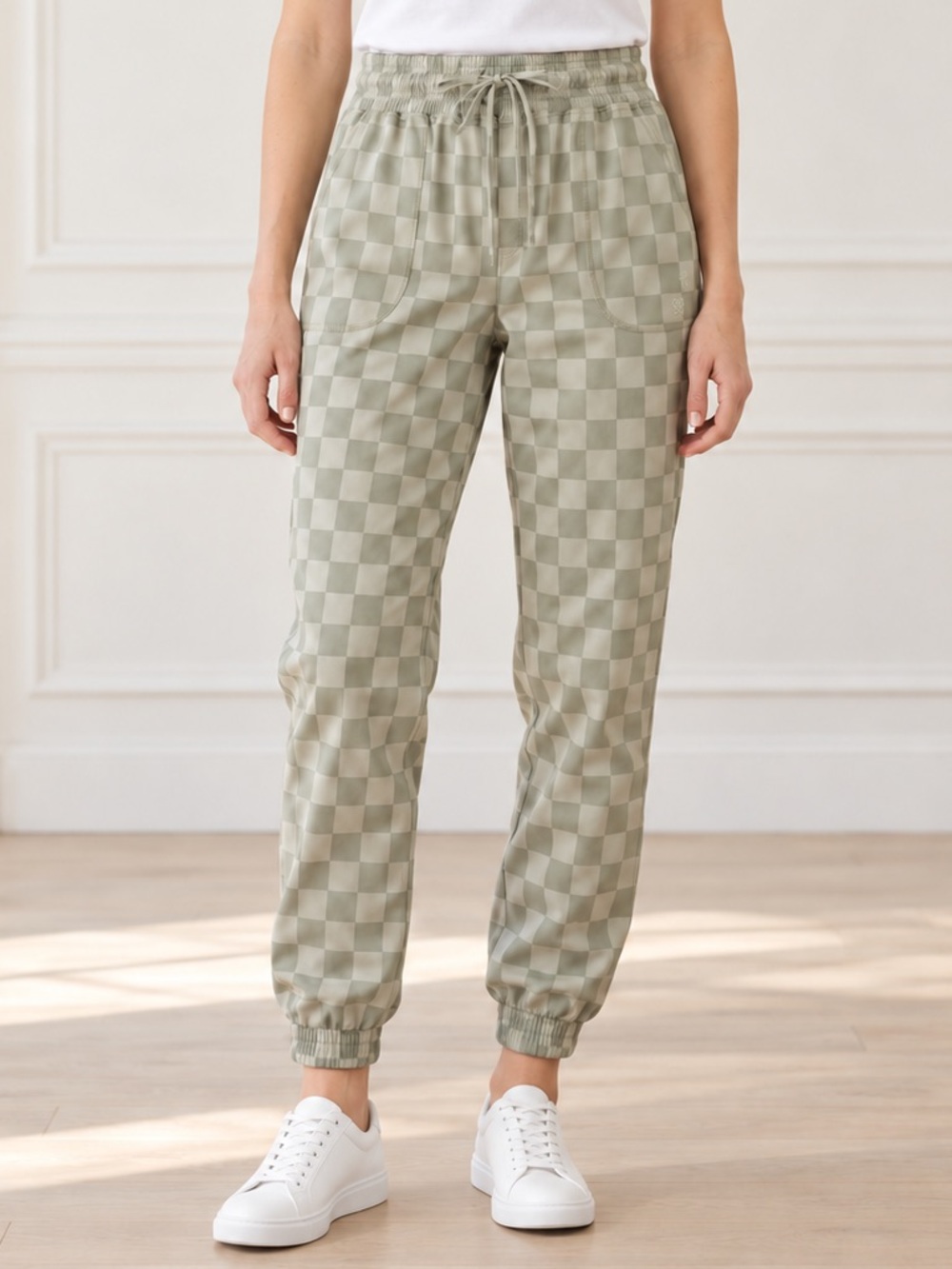 Albion Fit Destination Jogger Pants M Tall Sage Green Checkered Stretch Travel